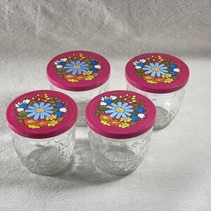 Ball #810‎ Quilted Crystal Jelly Jars (4) Pink Metal Floral Lids 60s 70s Vintage